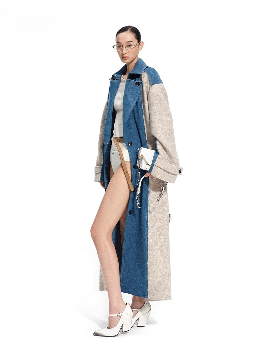 “Caracal Series” Washed Twill Patchwork Wool Denim Trench Coat