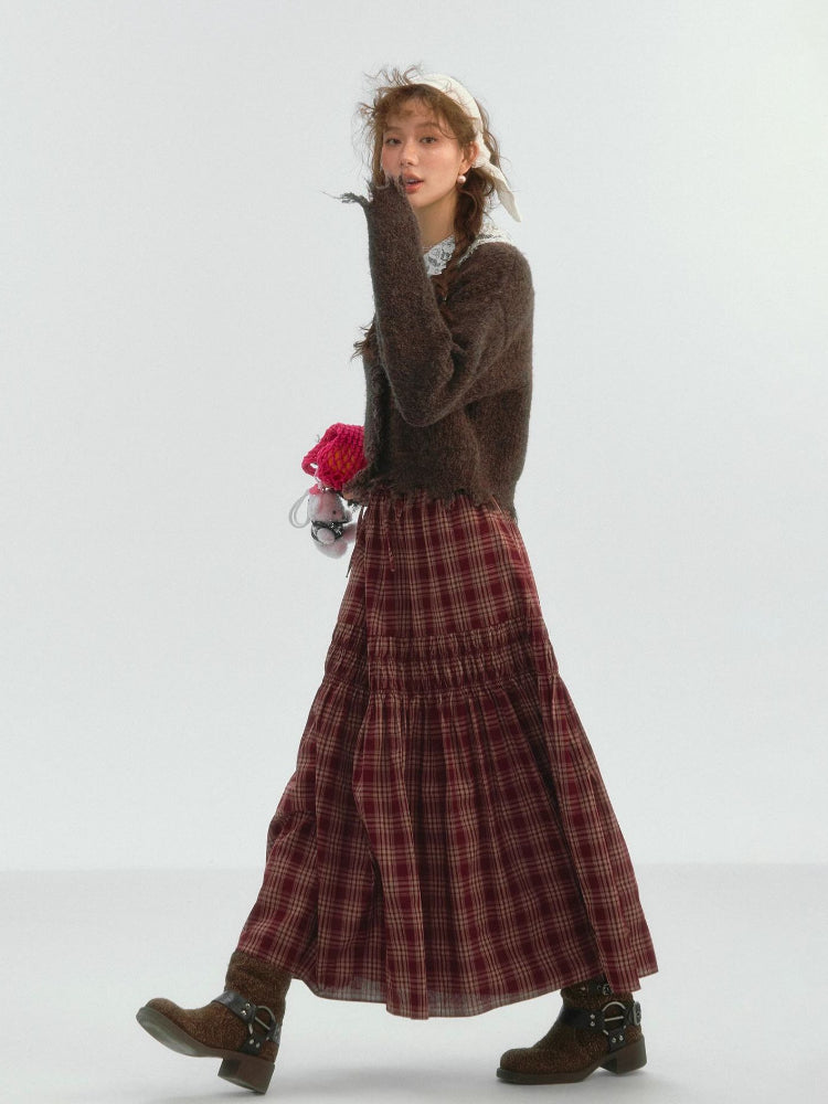 Lace Trim Drawstring Plaid Skirt