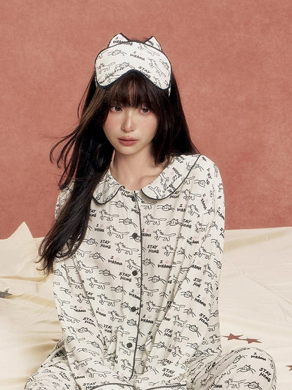 Ruffle Collar Cat Print Pajama Set