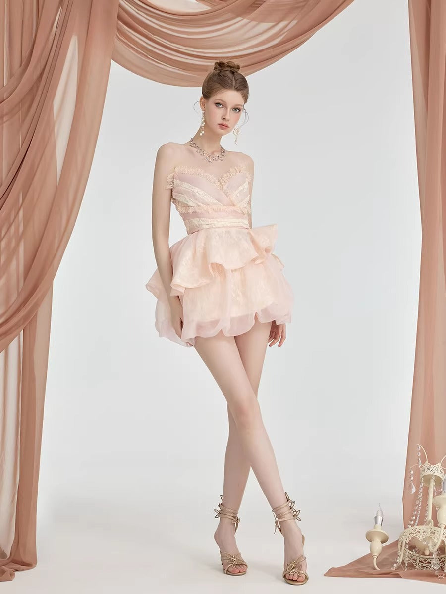 Puff Skirt &amp; V-Neck Bandeau Two-Piece Set