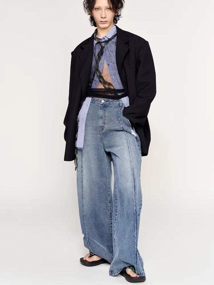 Laser Logo Seam Wide-Leg Denim Pants