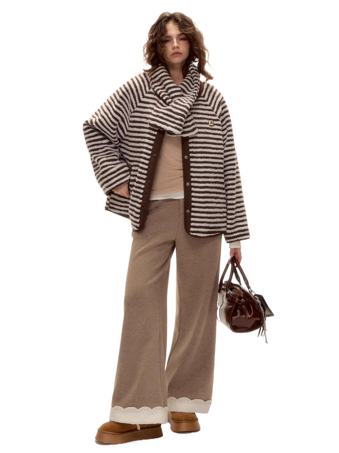 Reversible Striped Faux Scarf Detail Shearling Jacket