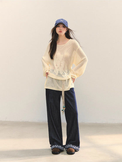 Embroidered Belt High-Waist Straight Pants