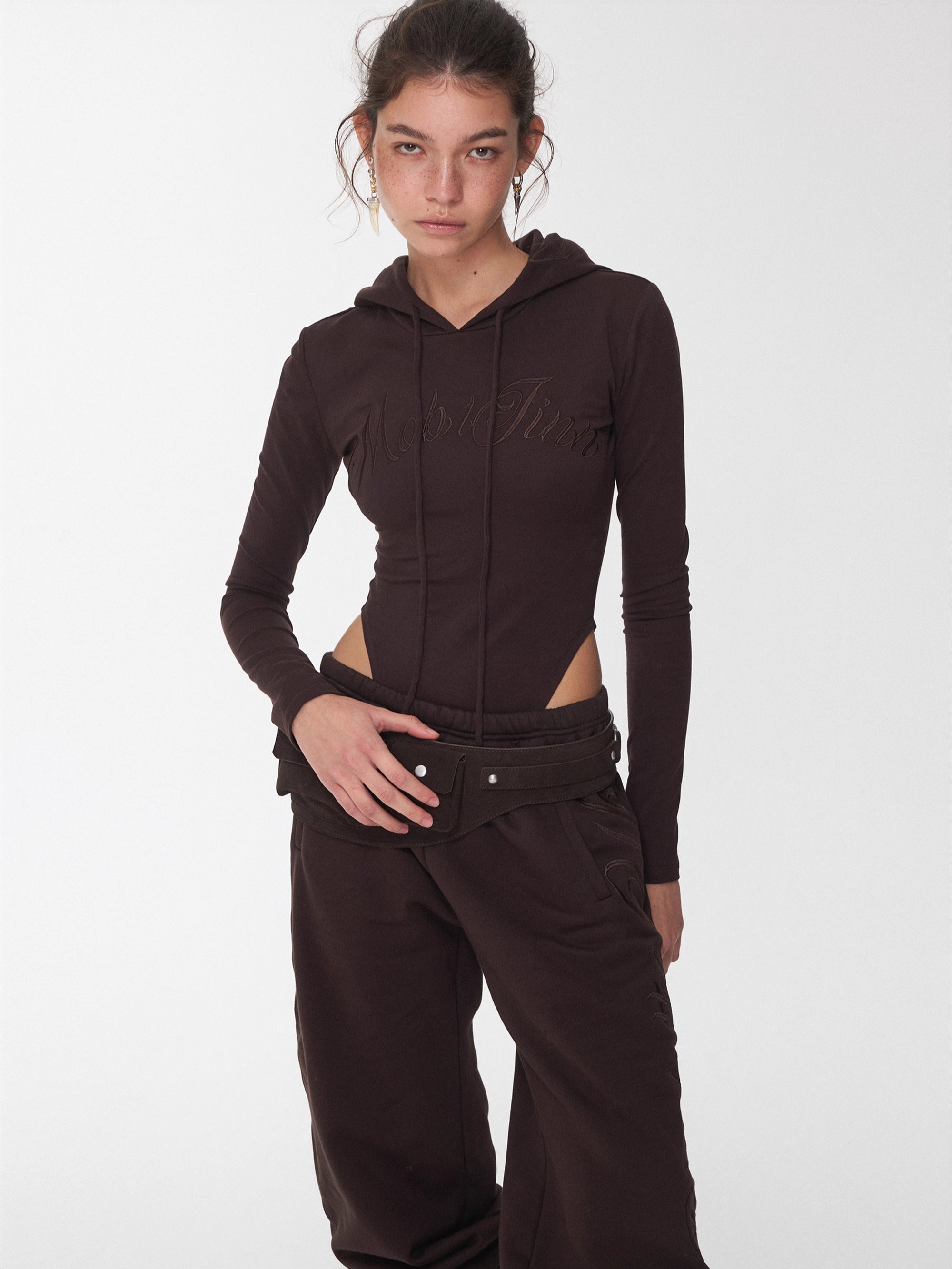 Embroidered Letter Drawstring Hooded Jumpsuit