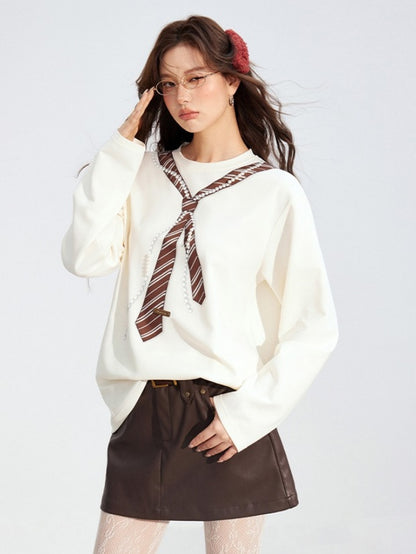 Pearl-Tie Printed Relaxed Long Sleeve T-Shirts