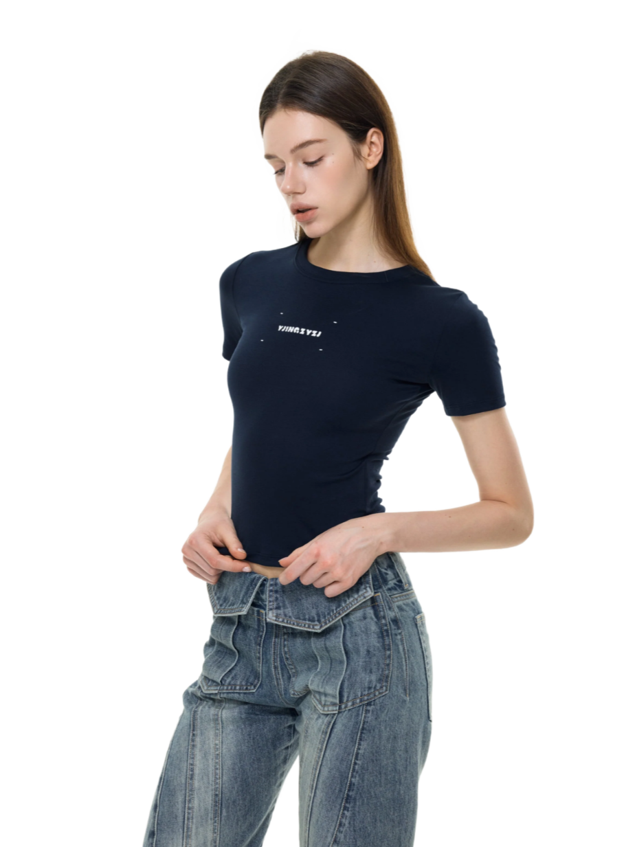 Letters Print Baby Tee In Navy blue