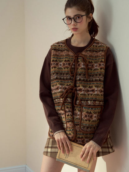 Mocha Fair Isle Reversible Tie-Front Shearling Vest