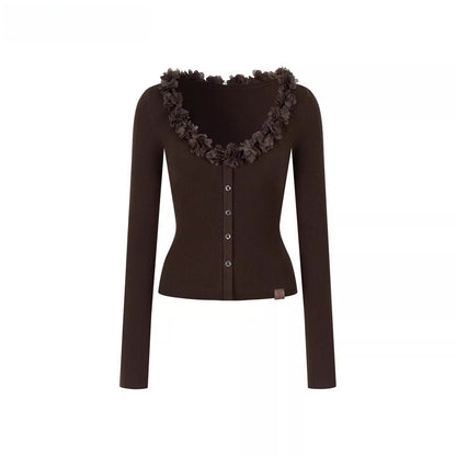 V-Neck Lace-Trim Fitted Knit Cardigan