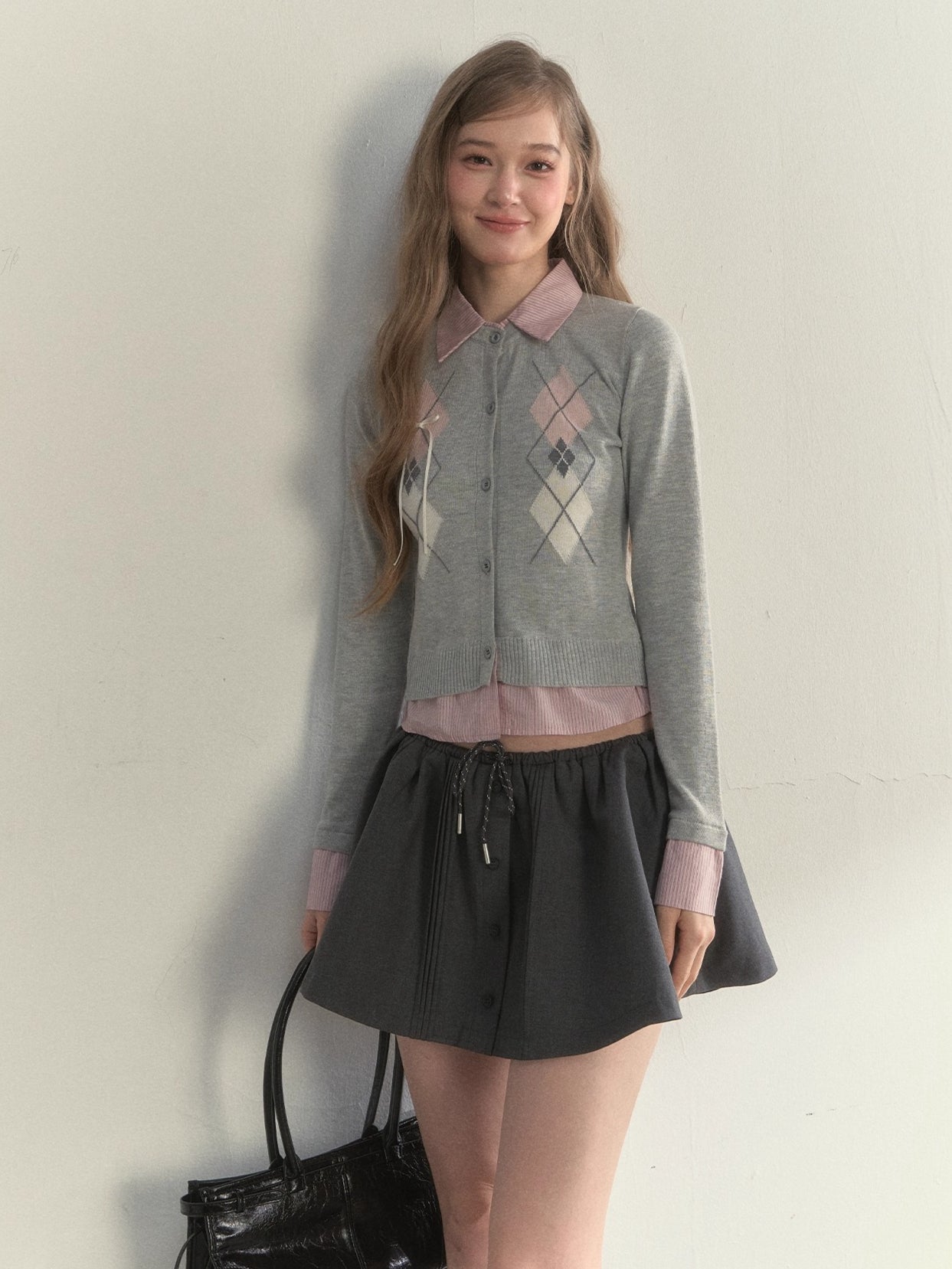 Layered Argyle Shirt Collar Knit Cardigan