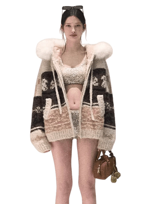 Detachable Fur-Collar Wool Hooded Cardigan