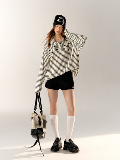 Striped Floral Collar Polo Long Sleeve Shirt