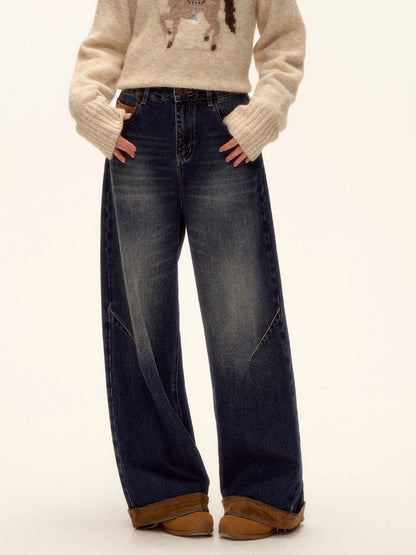 Suede-Panel Washed Denim Wide-Leg Jeans