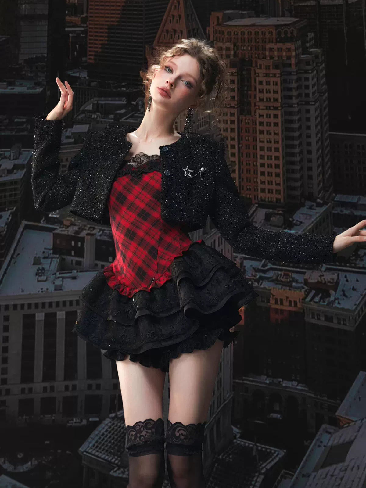 Plaid Puff Dress with Lace Overlay Set