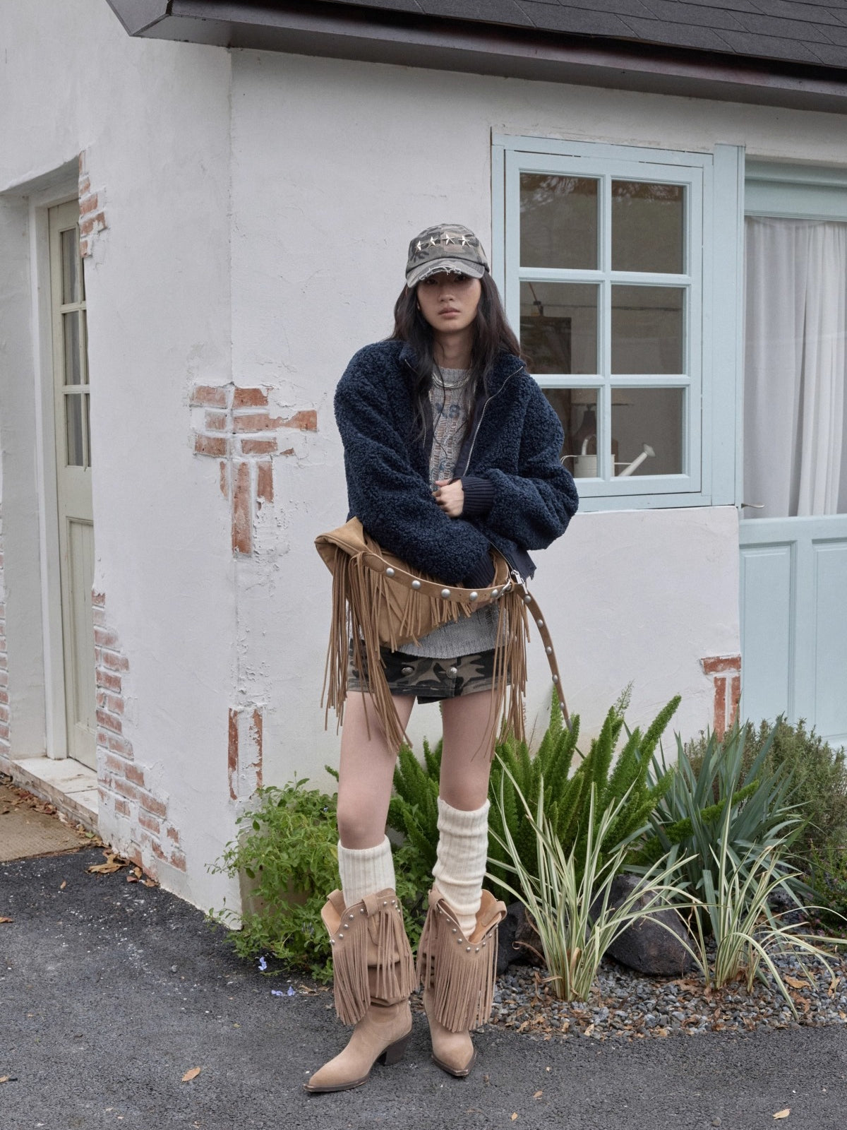 Distressed Fleece Zip-Up Cropped Jacket