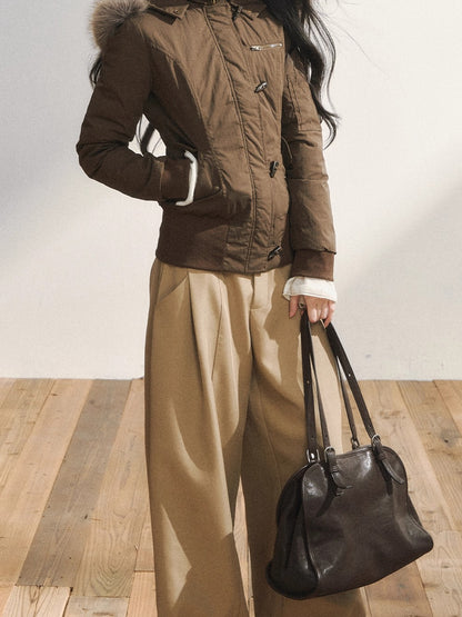 Khaki Tailored Low-Waist Wide-Leg Trousers