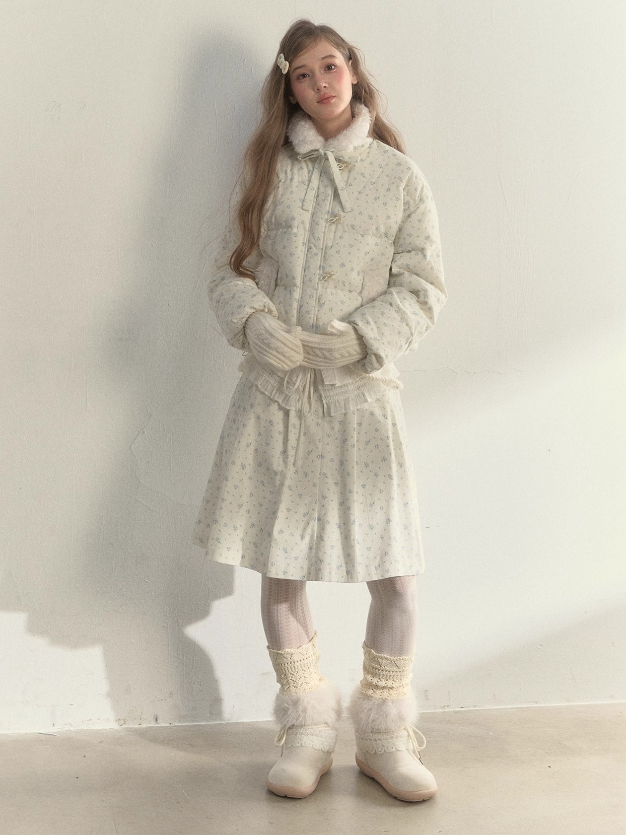 Floral Corduroy Puffer Jacket &amp; Pleated Skirt Set