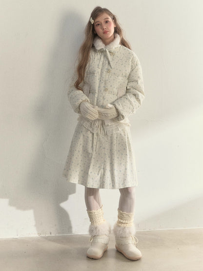 Floral Corduroy Puffer Jacket &amp; Pleated Skirt Set