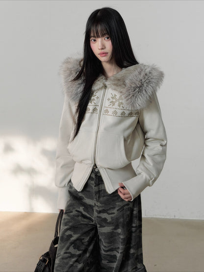 Vintage Rivet Embellished Fleece Hoodie Jacket