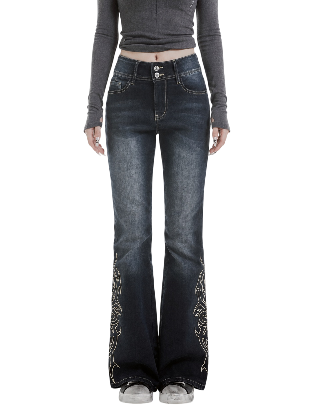 Embroidered Flared Wide-Leg Jeans