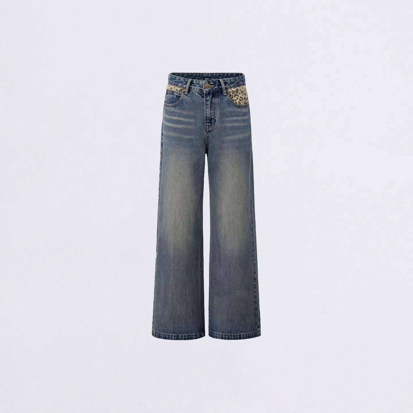 Leopard-Print Panelled Wide-Leg Denim Pants