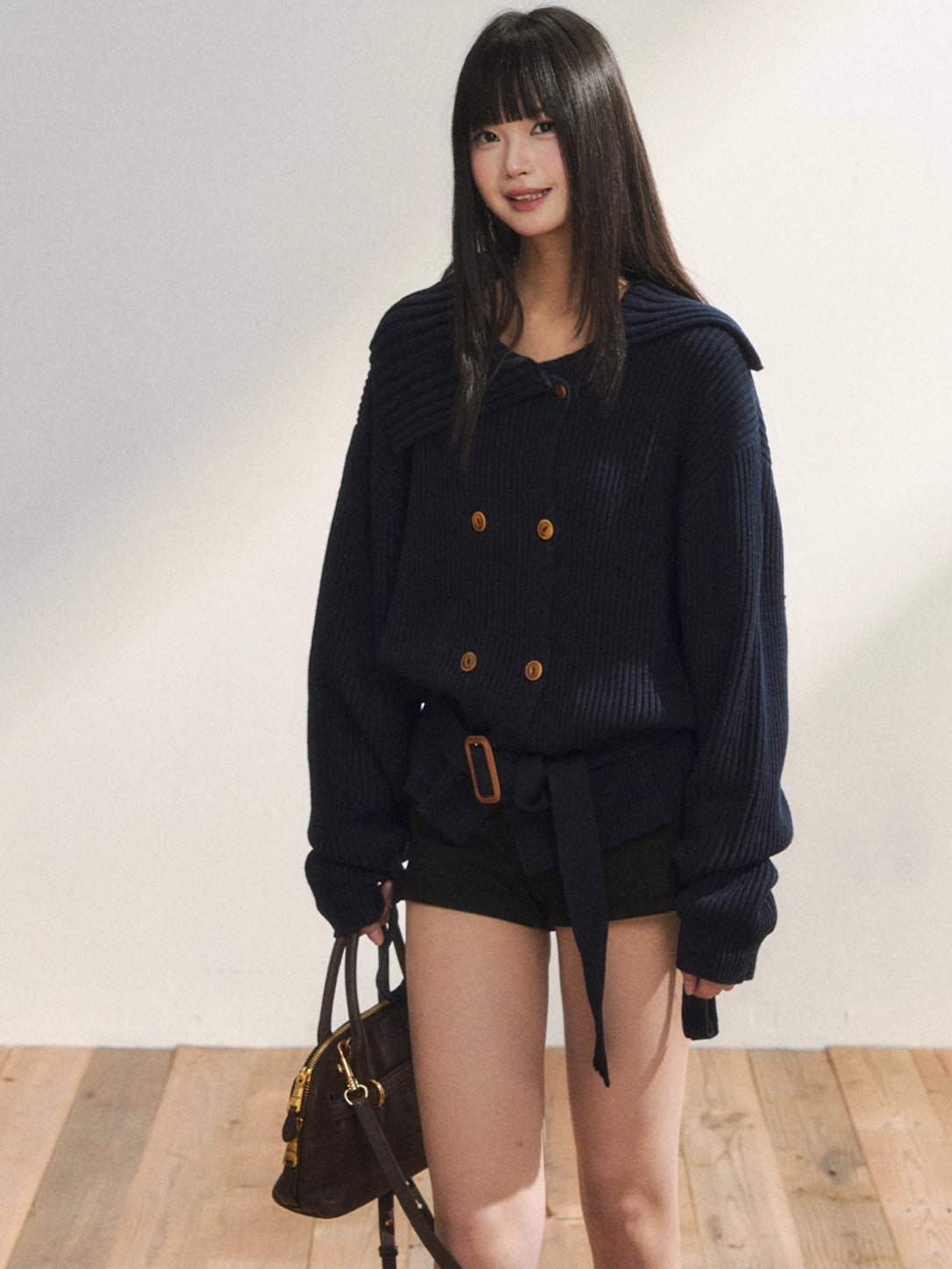 Double-Breasted Belted Knit Cardigan