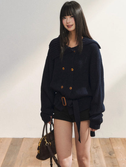 Double-Breasted Belted Knit Cardigan