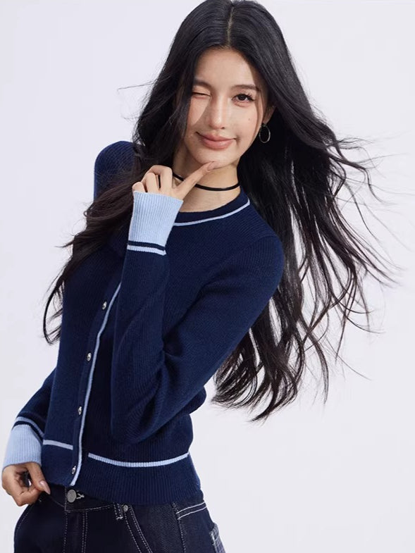 Contrast-Trim Slim-Fit Knit Cardigan