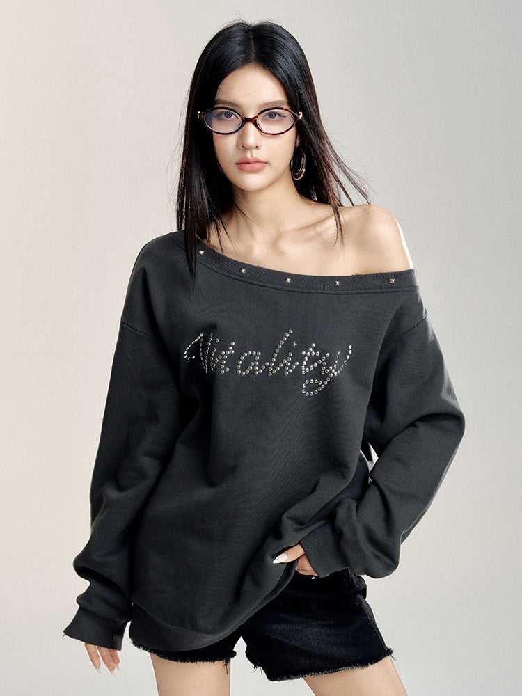 Gray Off-shoulder Studded Oversized Sweatshirt