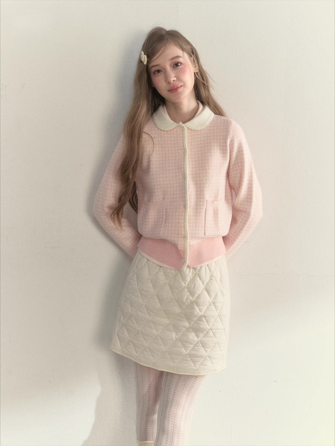 Sweet Pink Gingham Doll Collar Knit Cardigan