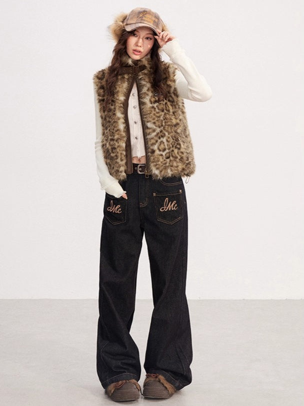 Embroidered Vintage Wide-Leg Denim Pants