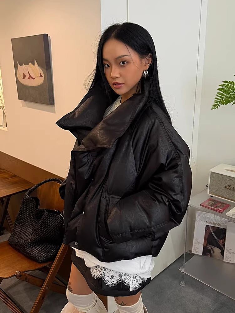 Oversized Leather-Texture Down Jacket