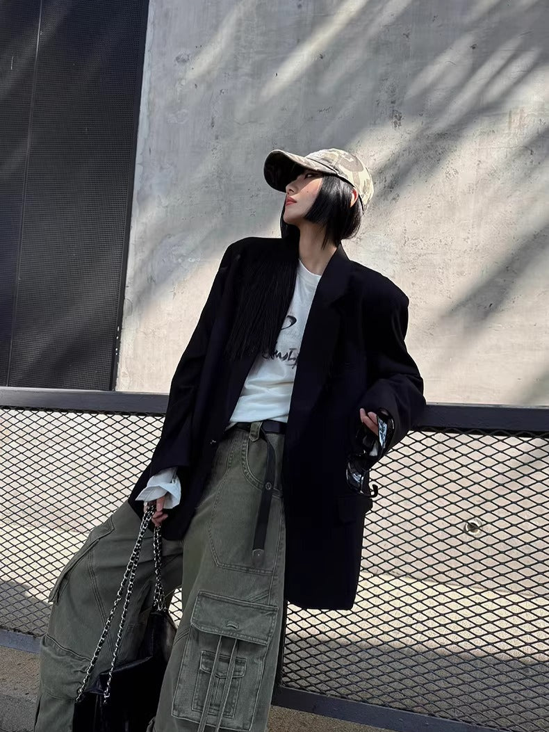 Vintage Washed Fringe-Edge Casual Blazer