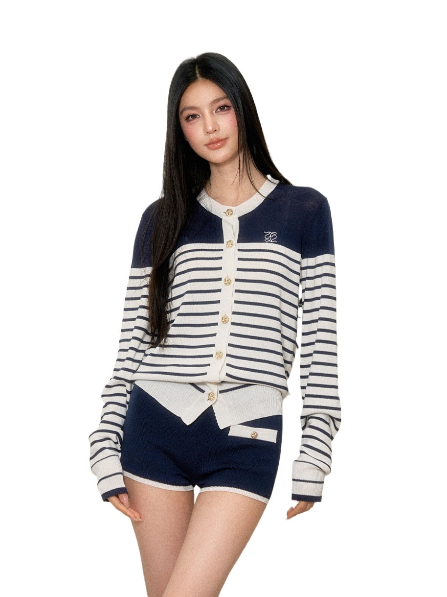 Lyocell Striped Contrast Cardigan &amp; Shorts Set