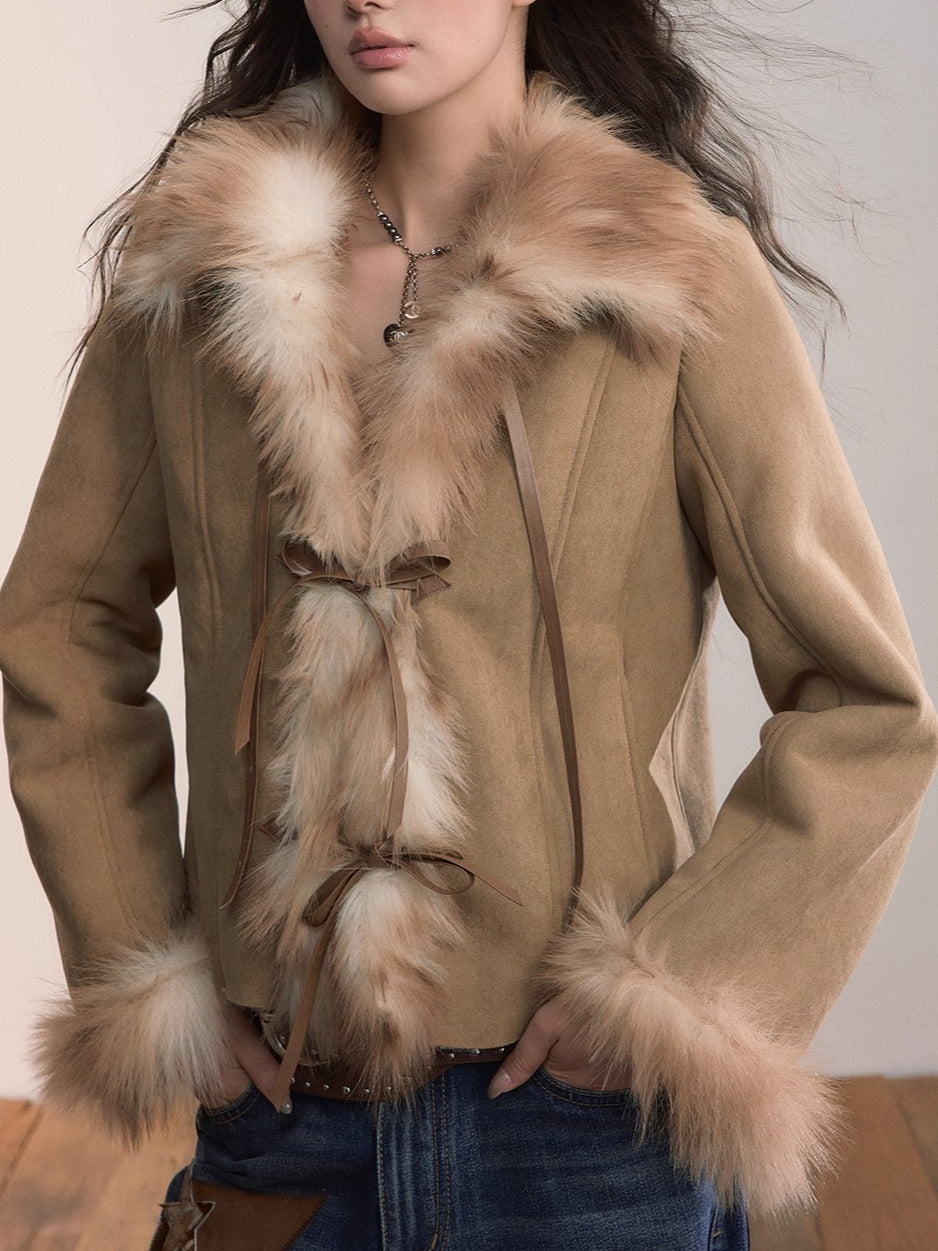 Faux Shearling Bow-Tie Collar Jacket
