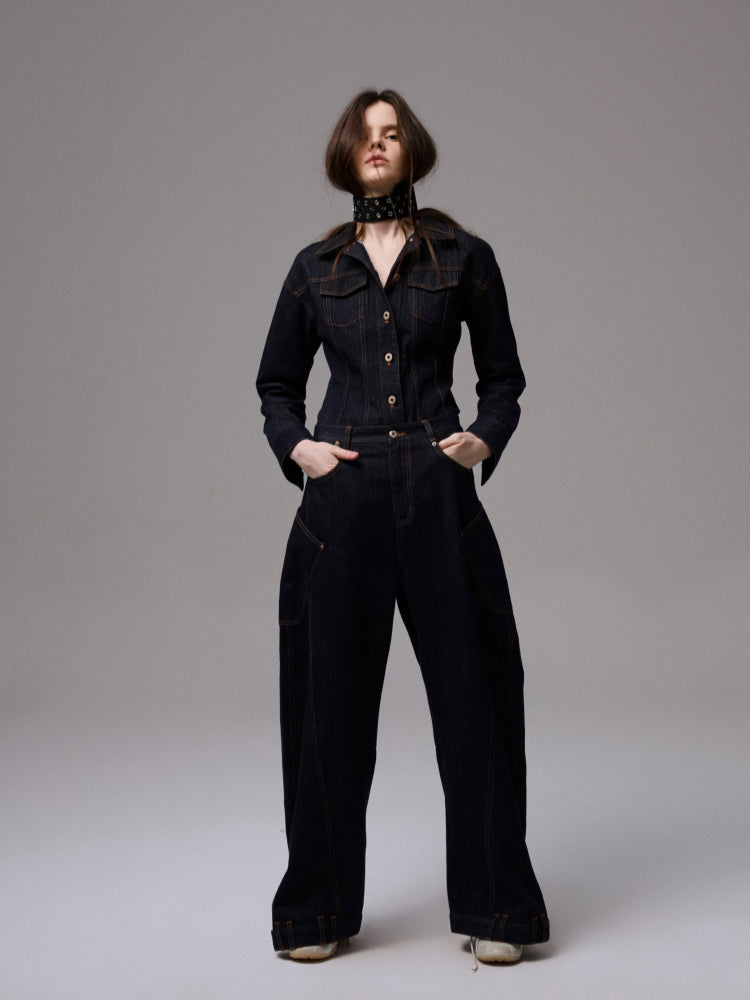 Raw Denim Wide-Shoulder Waist-Cinching Jacket Set - CHINASQUAD