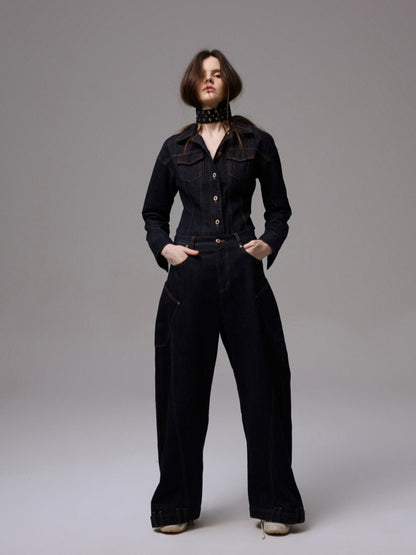 Raw Denim Wide-Shoulder Waist-Cinching Jacket Set - CHINASQUAD