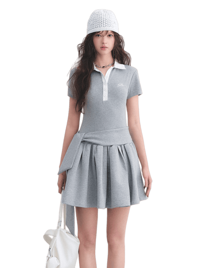 Contrast Polo Collar Puff Dress Two-Piece Set