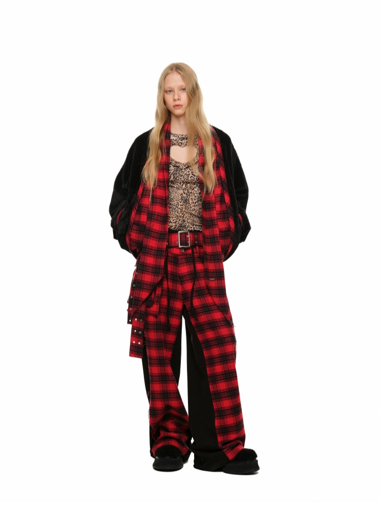 Plaid Color-Block Double-Waist Wide-Leg Pants