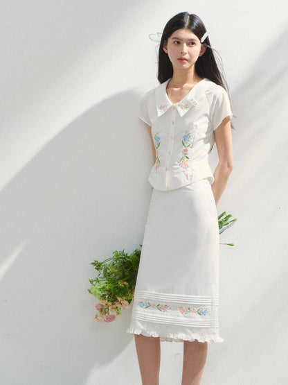 Embroidered Short-sleeve Waist-cinching Shirt &amp; Skirt Set