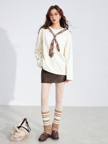 Pearl-Tie Printed Relaxed Long Sleeve T-Shirts