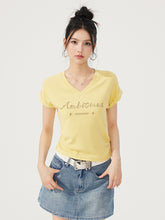 V-neck Waist-cinching Rhinestone Tee - CHINASQUAD
