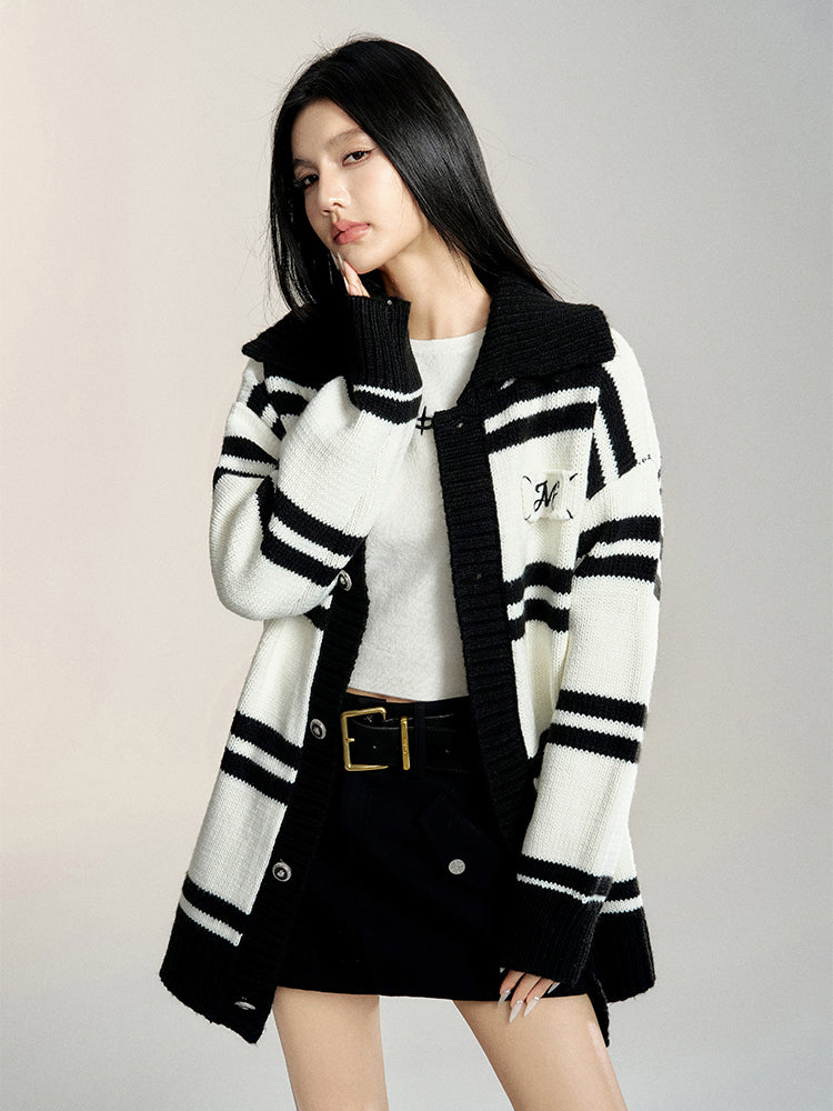 Black &amp; White Striped Oversized Sweater Cardigan