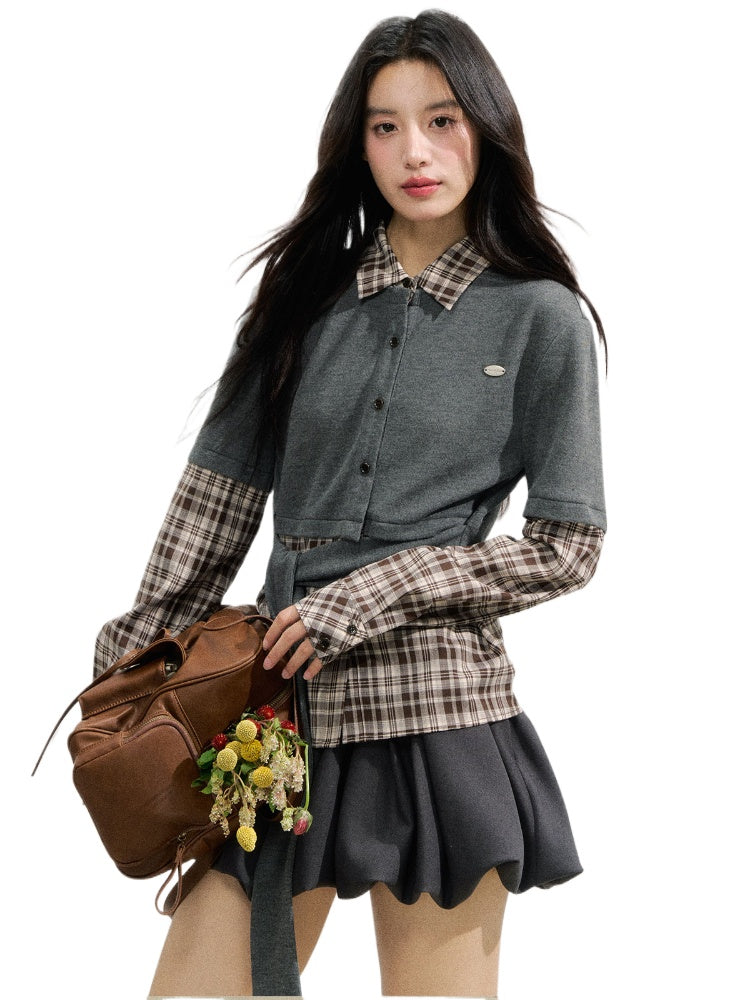 College Plaid Fake Two-piece Shirt - CHINASQUAD