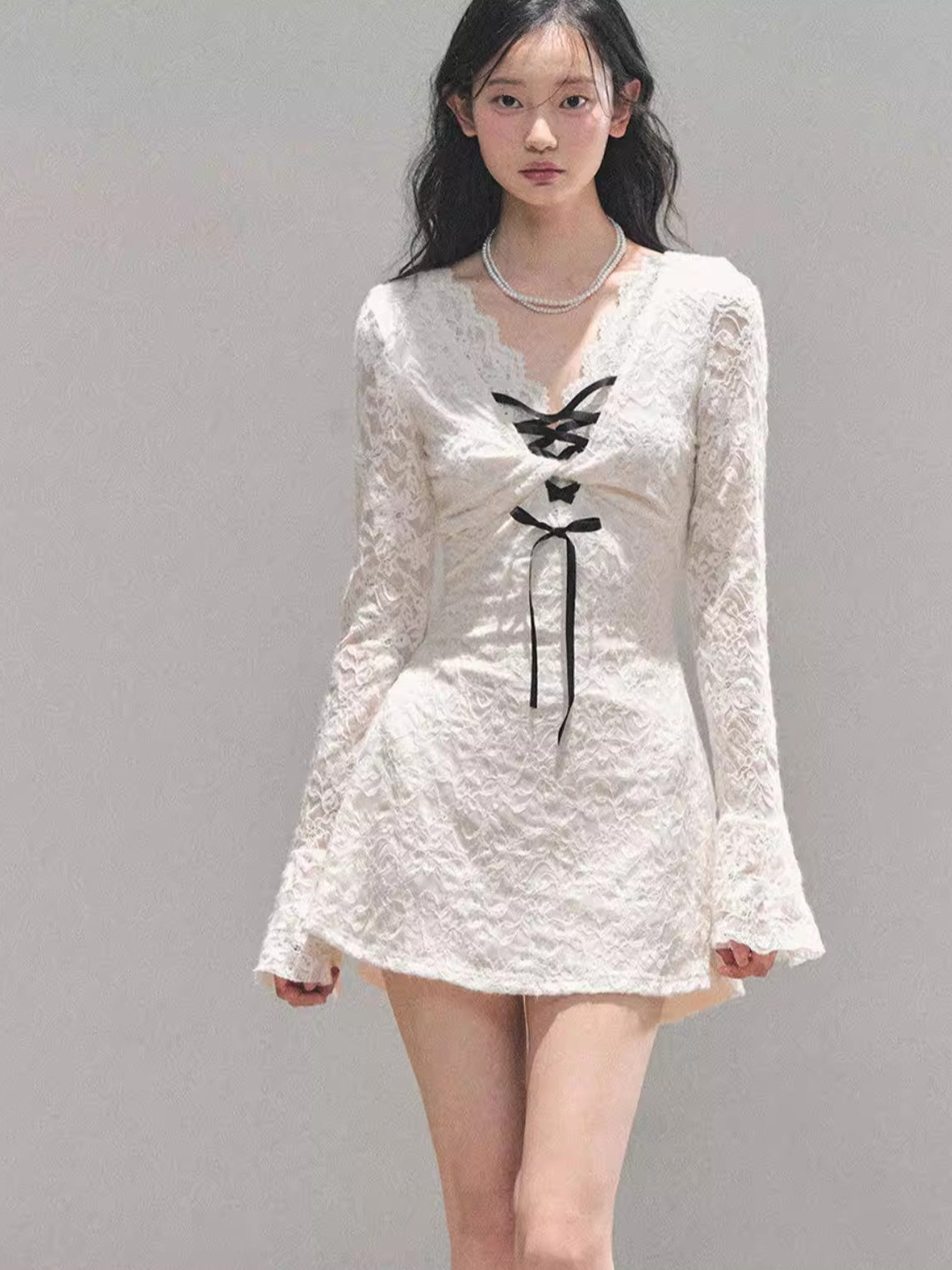 Lace Puff-Skirt V-Neck Mini Dress