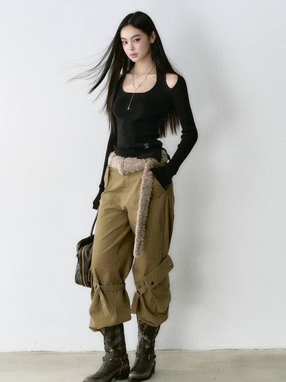 Khaki Loose-fit Cargo Straight-leg Pants