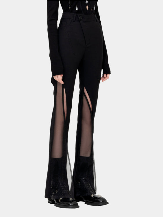 Black Cutout Patchwork High-Waist Flared Pants