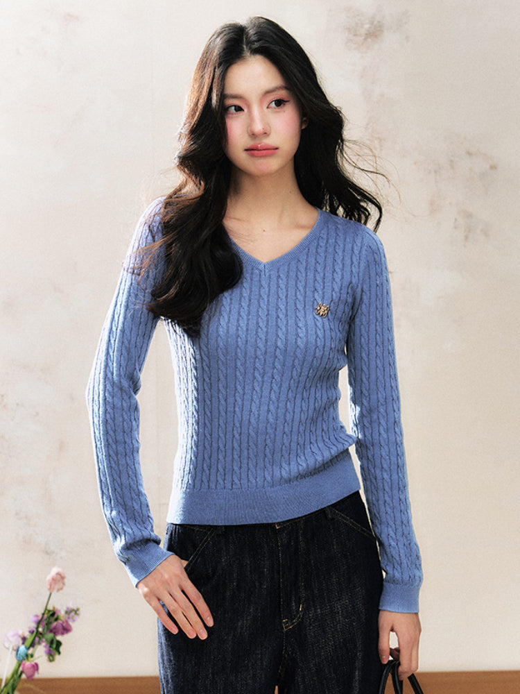 Blue V-Neck Sweater Waist-Cinching Slimming Base Top