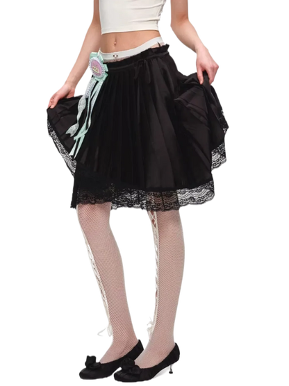 Asymmetric Pleated Satin Lace Midi Skirt