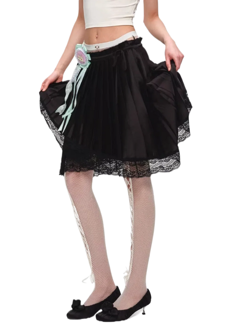 Asymmetric Pleated Satin Lace Midi Skirt