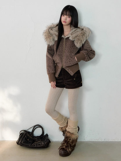 Vintage Leopard Print Faux Fur Hooded Jacket